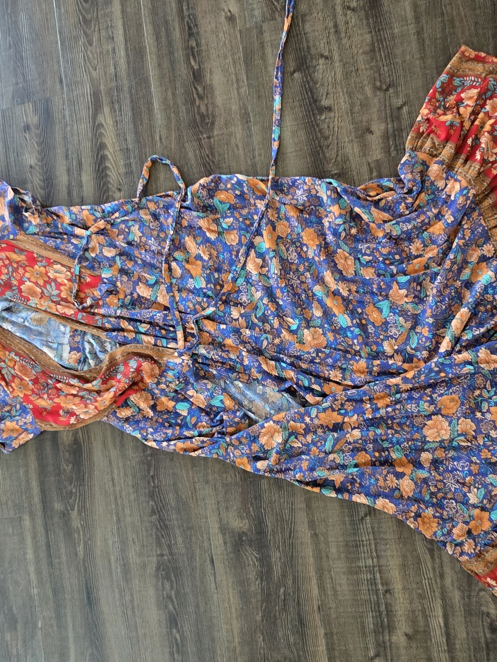 Floral Blue Orange Wrap Women’s Top - Picture 2 of 2